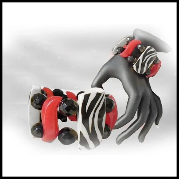 Retro Zebra Bangle Wide Bracelet Recycled Vintage One of a Kind Summer Jewelry - Picture 4 of 9
